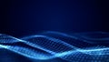 Blue glowing mesh wave with dots and lines on a dark background, representing futuristic digital technology and data flow. 3D Royalty Free Stock Photo