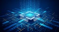 Blue glowing microchip with circuit boards and binary code streaming down futuristic technology and data processing concept Royalty Free Stock Photo