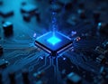 Blue glowing microchip on dark circuit board. Data streams flow from CPU, showing powerful computing, digital connection. Modern Royalty Free Stock Photo