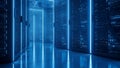 Blue glowing server room AI data center, modern technology infrastructure, deep learning cloud computing Royalty Free Stock Photo