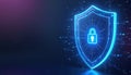 Blue glowing shield with padlock icon on digital data network. Cybersecurity protection, safe login and network defense concept Royalty Free Stock Photo