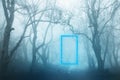 A blue glowing transparent door, with magical lights moving around, floating in a moody, atmospheric winters forest.