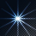Blue glowing transparent sunbeam, flash, a highlight of energy rays, a star on a translucent dark in a checkered black background Royalty Free Stock Photo