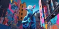 A blue goat with a guitar in front of a building. AI generative image.