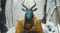 Blue Goat In Snow: A Stunning Image Of Zen-inspired Monks In Colorful Robes Royalty Free Stock Photo