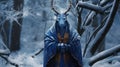 Blue Goat In Snowy Forest: Hieratic Visionary Art With Ritualistic Masks