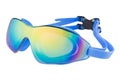 Blue goggles for swimming in open water or in the pool, with large mirrored glasses, on a white background Royalty Free Stock Photo