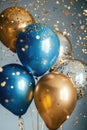 Blue and gold balloons with confetti on a blue background