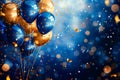 Blue and gold balloons with gold foil background. Generative AI Royalty Free Stock Photo