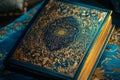 Blue and Gold Book Resting on Bed, Quranic verses beautifully illuminated, AI Generated