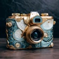 Exquisite Gold Camera With Blue And Gold Floral Design