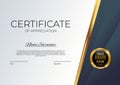 Blue and gold Certificate of achievement template Background with gold badge and border. Award diploma design blank. Vector Royalty Free Stock Photo