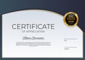 Blue and gold Certificate of achievement template Background with gold badge and border. Award diploma design blank. Vector Royalty Free Stock Photo