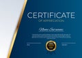 Blue and gold Certificate of achievement template set Background with gold badge and border. Award diploma design blank Royalty Free Stock Photo