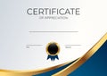 Blue and gold Certificate of achievement template set Background with gold badge and border. Award diploma design blank. Vector Royalty Free Stock Photo