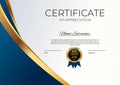 Blue and gold Certificate of achievement template set Background with gold badge and border. Award diploma design blank. Vector