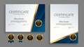 Blue and gold Certificate of achievement template set with gold badge and border. Award diploma design blank. Vector Royalty Free Stock Photo