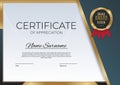 Blue and gold Certificate of achievement template set with gold badge and border. Award diploma design blank. Vector Illustration Royalty Free Stock Photo