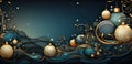 A blue and gold christmas background with ornaments. Generative AI image. Royalty Free Stock Photo