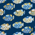 Blue and gold clown trigger fish seamless vector pattern. Colorful ocean animal background for kids with gold foil Royalty Free Stock Photo