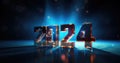 Blue-gold 3D numbers 2024 on a blue background with bright lighting. Happy New Year 2024! New Year banner