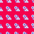 Blue Gold exchange money icon isolated seamless pattern on red background. Money changer. Vector