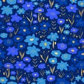 Blue and gold flower meadow seamless vector pattern. Blue and shiny metallic gold foil floral background. Repeating Royalty Free Stock Photo