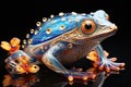 A blue and gold frog figurine sitting on a black surface. Royalty Free Stock Photo