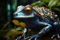 A blue and gold frog sitting on top of a rock. Royalty Free Stock Photo