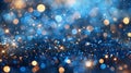 A blue and gold glittery background with many lights, AI