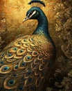 Blue, gold, and green peacock. Ornate detailed luxury winged bird. Golden oil painting.