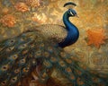 Blue, gold, and green peacock. Ornate detailed luxury winged bird. Golden oil painting.