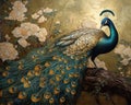 Blue, gold, and green peacock. Ornate detailed luxury winged bird. Golden oil painting.