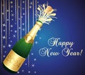 Blue and gold Happy New Year 2024 Greeting card. Champaign bottle. Festive background. Vector illustration.