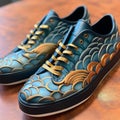 Blue And Gold Koi Pond Shoes With Detailed Skies And Ukiyo-e Influence Royalty Free Stock Photo