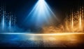 Blue and gold light stage hall background, spotlight black brick floor texture backdrop Royalty Free Stock Photo