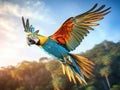 Ai Generated illustration Wildlife Concept of Blue and gold macaw Ara ararauna. Parrot birds flying. Wildlif