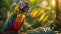 Blue-And-Gold Macaw Sits Elegantly Against A Bokeh Of Greenery, Its Rich Colors