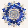 A blue and gold mandala flower with gold accents. The flower is a symbol of peace and love