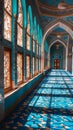 A blue and gold mosque with windows and arches Royalty Free Stock Photo