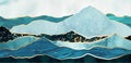 Blue and gold mountain, hills, sea horizontal wall art. Abstract landscape collage with hand painted textures. Iceberg