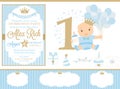 Blue and gold prince party decor. Cute happy birthday card template elements.