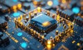 blue and gold processor on top circuit