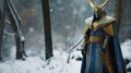 Blue And Gold Robed Figure In A Photorealistic Snowy Forest Royalty Free Stock Photo