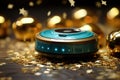 Blue and gold smart speaker on golden confetti background isolated on black Royalty Free Stock Photo