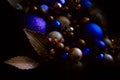 Blue and golden Christmas balls on a christmas tree closeup view in a low key with a copy space Royalty Free Stock Photo