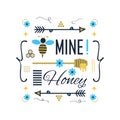 Blue and golden cute bee mine honey message with symbols set poster