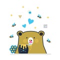 Blue and golden cute little bear licking honey stick surrounded by flying bees