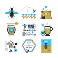 Blue and golden cute summer, honey, bee and a bear icons on white background