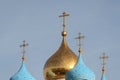 Blue and golden domes and religious crosses of the church at Novospassky monastery. Moscow, Russia